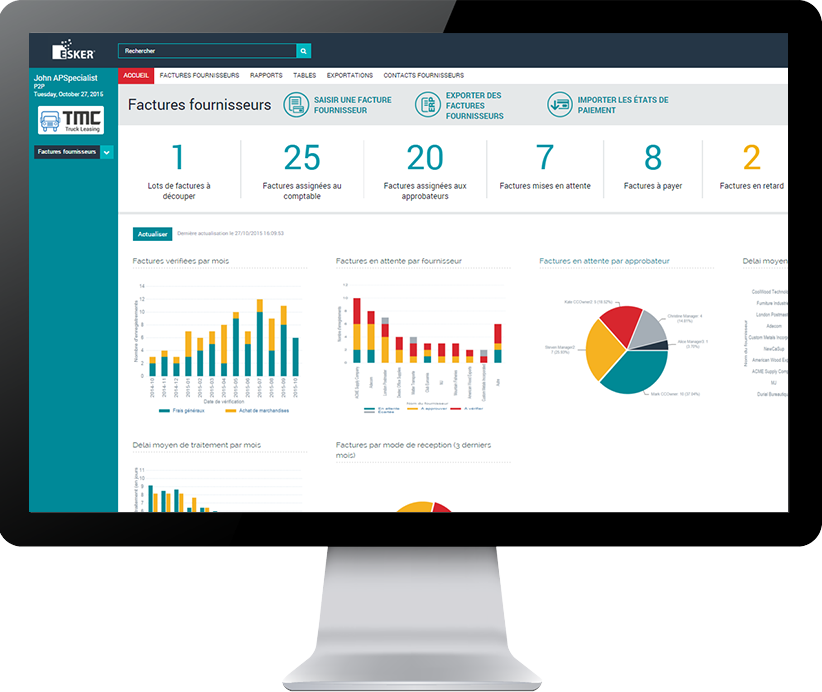 Tableau de bord solution de dématérialisation des factures fournisseurs Esker - interface utilisateur - indicateurs clés et graphiques en temps réel