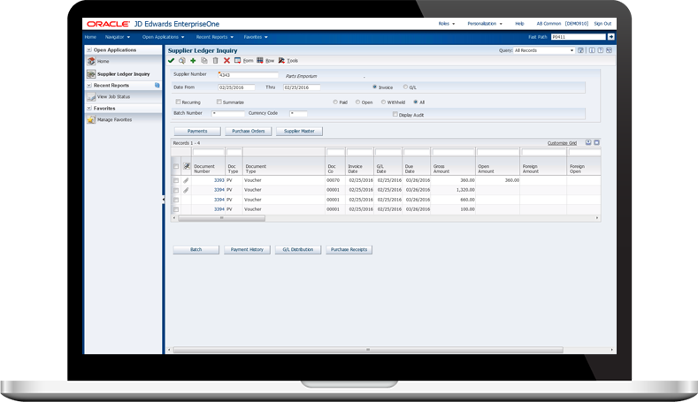 Tableau de bord : JD Edwards EnterpriseOne